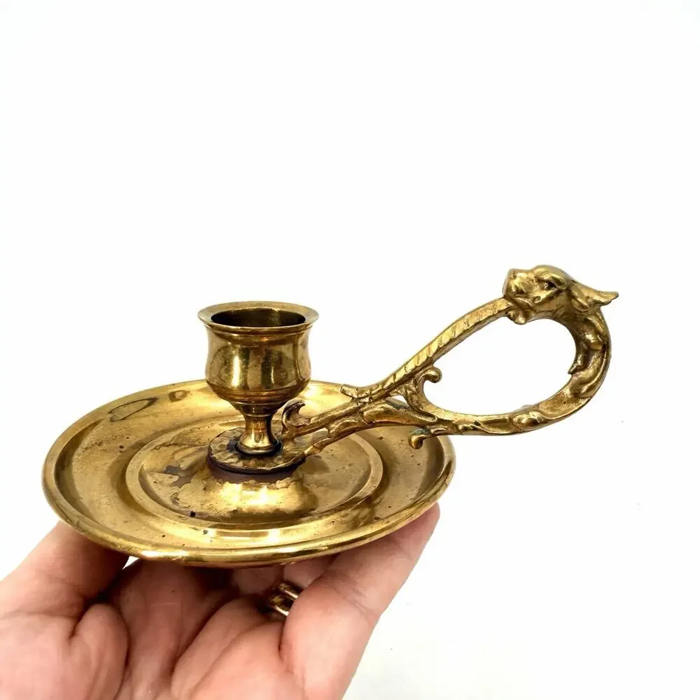 Vintage Brass Finger Loop Chamber Taper Candlestick Holder Dragon Design